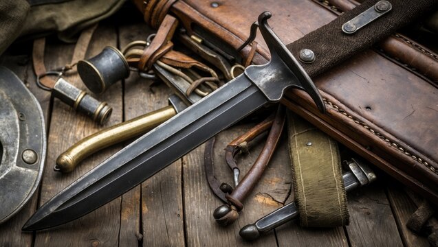 Vintage bayonet knife on a wooden surface with historical military artifacts and leather accessories in a rustic setting. - Powered by Adobe