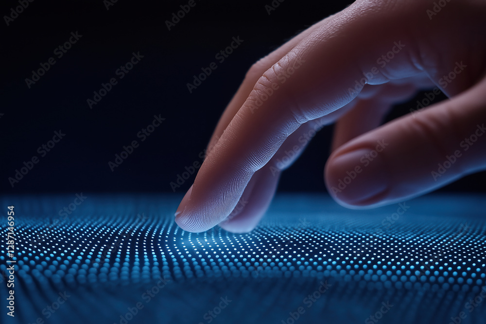 Poster hand gently interacting with illuminated digital surface displaying blue light patterns