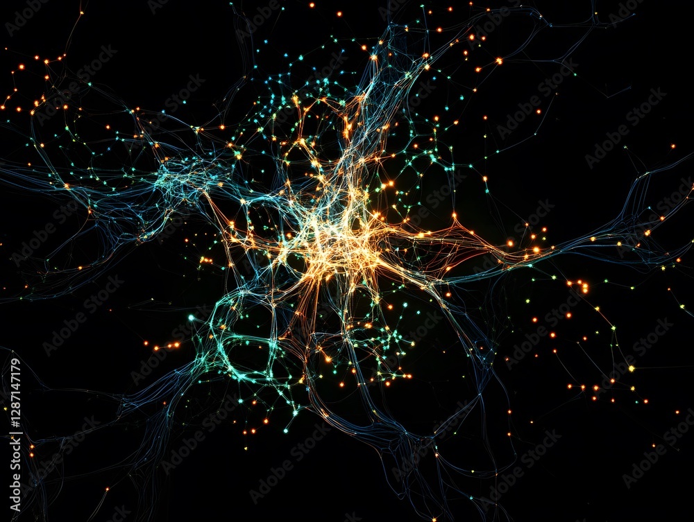 Poster a vibrant, abstract representation of neural connections, featuring luminous threads of light in var
