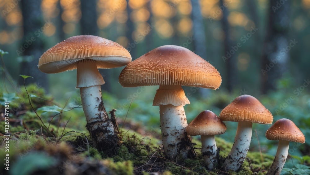 Poster mushroom cluster in forest with soft background and space for text overlay