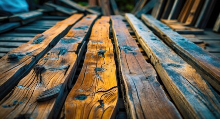 Weathered teak decking planks showcasing rich textures and colors, arranged in a natural outdoor setting, ideal for rustic design themes.