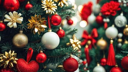 Festive Christmas tree adorned with various ornaments including red and white balls, gold flowers, and decorative tassels for a joyful celebration.