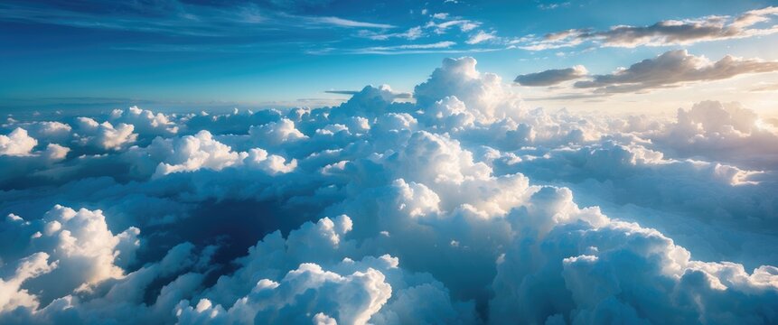 Aerial view of dramatic white clouds against a vibrant blue sky capturing the beauty of nature from a drone perspective at sunrise or sunset.