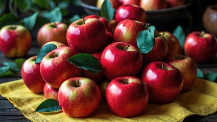Freshly harvested red apples arranged on a vibrant yellow napkin promoting healthy organic living and seasonal produce.