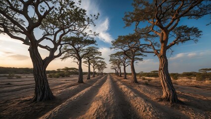 Fototapeta premium Tree-lined path with dramatic sky, showcasing natural patterns and textures in landscape photography.