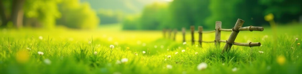 Grassy landscape with a rustic wooden fence and a blurred copy space, rural, landscape