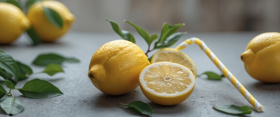 Fresh Lemon Fruit Arrangement with Striped Straw and Green Leaves on a Table with Spacious Background for Text Placement