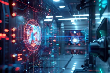 Advanced retinal scan identity verification chamber logo neural pattern analysis biometric security in progress.