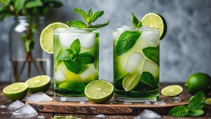 Fototapeta premium Mojito Cocktail Refreshment With Lime, Mint, Ice In Glasses On Wooden Tray Surrounded By Fresh Ingredients For Refreshing Summer Drinks