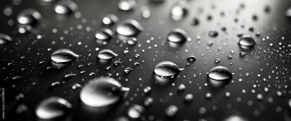 Poster macro shot of water droplets on glass creating abstract patterns with a dark background highlighting