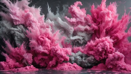 Vibrant abstract pink and gray smoke explosion creating a striking contrast on a dark background for artistic compositions and designs.
