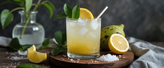 Fototapeta premium Refreshing Pawpaw Cocktail with Lemon Garnish and Sea Salt on a Wooden Board Featuring Copy Space for Text or Branding
