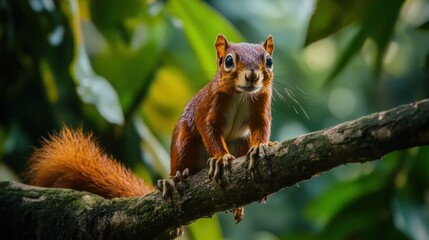 Obraz premium A curious squirrel perched on a branch, surrounded by lush green foliage, showcasing its vibrant fur and playful demeanor.