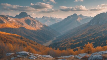 Scenic Autumn Mountain Landscape with Vibrant Foliage and Expansive View Offering Blank Space for Text or Overlay Elements