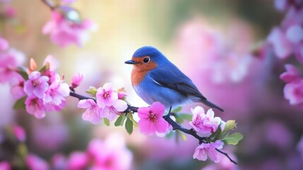 Obraz premium A vibrant blue bird perches on a branch adorned with beautiful pink blossoms, creating a serene and colorful spring scene.