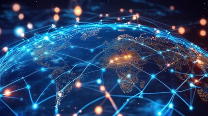 Digital globe with connected trade routes, global network, world trade. 