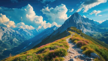 Naklejka premium Majestic Mountain Landscape with Hiking Trails Under Blue Sky and Fluffy Clouds