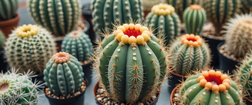 Colorful Notocactus Leninghaussi Collection in Pots with Vibrant Blooms and Unique Spines Ideal for Cactus Enthusiasts and Ornamental Gardens