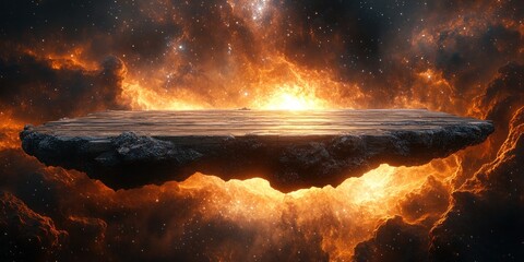 Cosmic Wooden Platform: A Surreal Floating Island in a Fiery Nebula