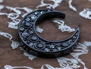 A black crescent moon shaped ornament with embedded gems.