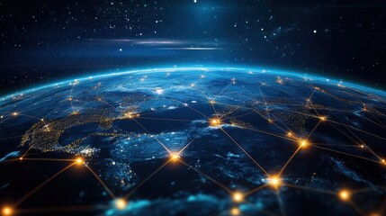 Digital globe with connected trade routes, global network, world trade. 
