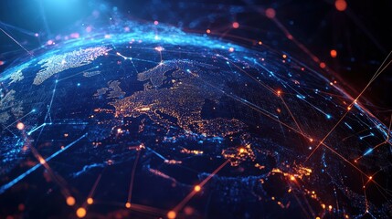 Digital globe with connected trade routes, global network, world trade. 