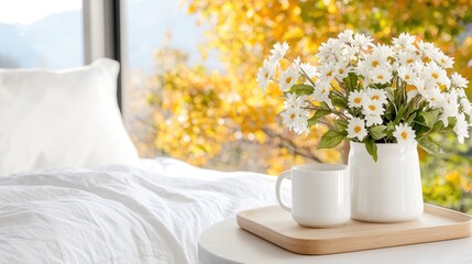 Autumnal bedroom, daisies, coffee, nature view