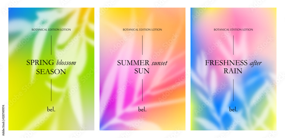 Aufkleber Spring Backgrounds with Gradient and Palm Tree Leaves. Abstract Blur Summer Tree Leaf. Vector Posters with Gradation Color Shades and White Plants