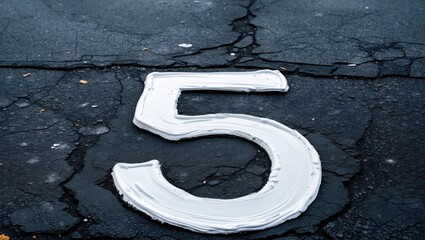 White number 5 painted on cracked asphalt surface with ample copy space for text or graphic overlay in urban environment