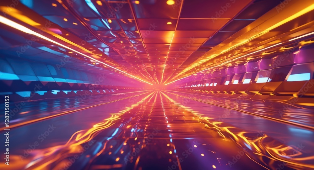 Poster dynamic abstract light tunnel with vibrant colors and reflective surfaces creating a sense of motion
