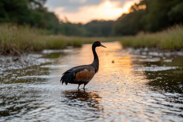 Whistling duck wading in a shallow river at sunset.