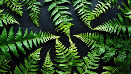 Obraz premium Lush green fern leaves arranged artistically on a black background, showcasing nature's beauty and evoking a sense of tranquility and love for nature.