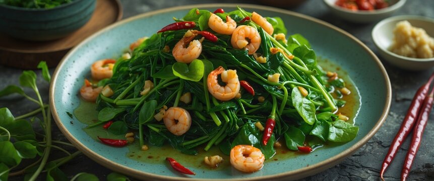 Tumis Genjer Indonesian dish with stir-fried watercress shrimp garlic and chili showcasing vibrant colors and flavors on an elegant plate.