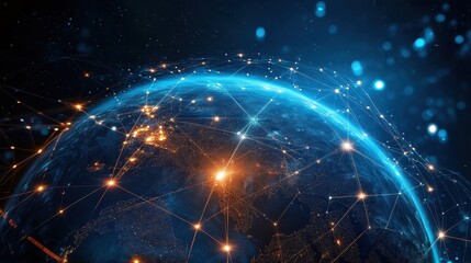 Obraz premium Digital globe with connected trade routes, global network, world trade. 