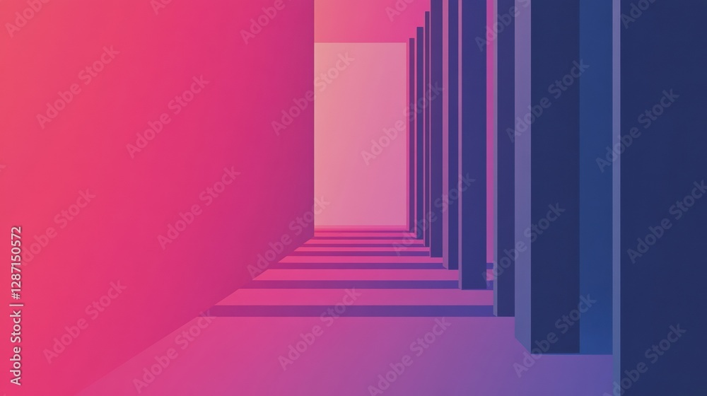 Poster colorful geometric tunnel created with bright pink and purple hues and shadowed blue vertical column