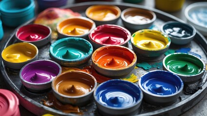 vibrant assortment of multi-colored paints in circular containers arranged on a palette for artistic projects and creative activities