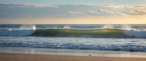 Obraz premium Calm Morning Surf on a Beach with Gentle Waves and Tranquil Sky Ideal for Text Overlay and Relaxing Seaside Imagery