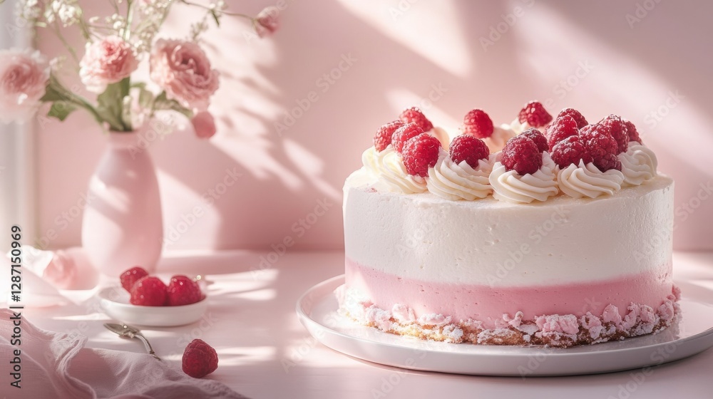 Aufkleber Delicate raspberry cake on a pastel background with flowers and natural light in a cozy setting. Generative AI