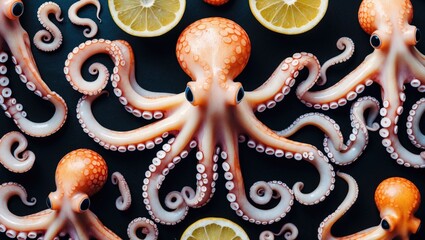 Colorful Assortment of Octopuses and Lemon Slices on Black Background with Space for Text in Culinary or Seafood Context