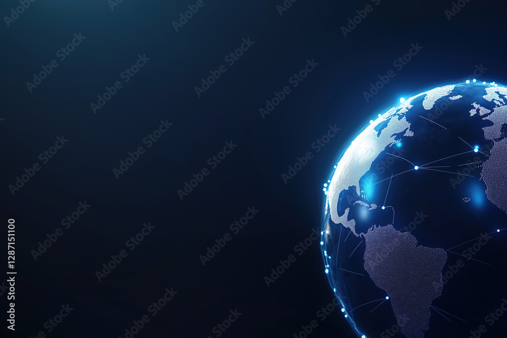 Poster digital representation of a connected world in space with glowing network lines