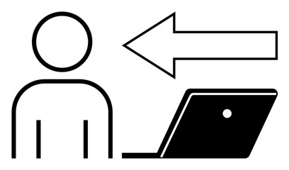 Person figure next to a laptop with an arrow pointing away. Ideal for remote work, digital communication, workflows, productivity, information transfer, online learning, and remote collaboration
