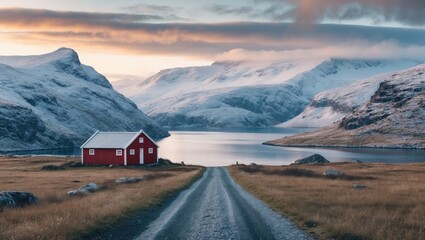 Serene Norwegian Landscape with Snow-Capped Mountains and Tranquil Waterway Perfect for Text Overlay