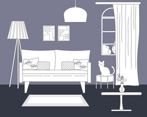 Living room interior. Linear sketch. Furnished room - sofa and floor lamp. Window with curtains. Pictures on the wall. Ottoman and cat. Coffee table with vase. Vector illustration