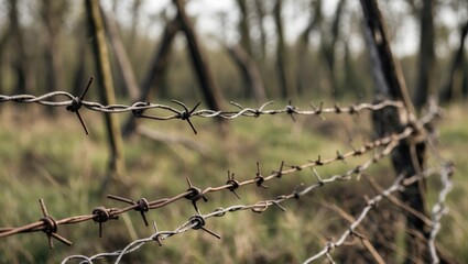 Rustic barbed wire fence in a serene woodland landscape highlighting nature and agricultural remnants in a rural setting.