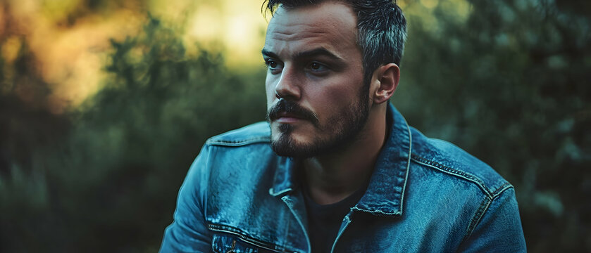 Introspective man in a denim jacket reflecting during a podcast session  -