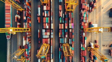 Drone shot of shipping containers in neat rows at a port, international freight management.