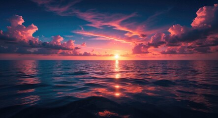 Fototapeta premium Vibrant sunset reflecting on calm ocean waters under a serene night sky with colorful clouds and gentle waves.