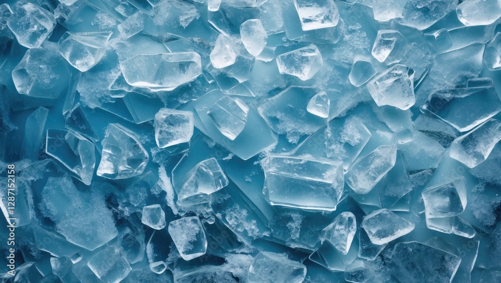 Poster abstract texture of frozen ice surface with scattered shards in varying shapes and shades of blue, c
