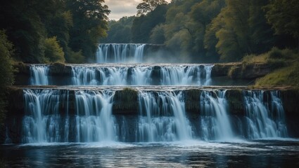 Obraz premium Serene Multi-Tiered Waterfall Landscape Surrounded By Lush Greenery Perfect For Nature Lovers With Space For Text Overlay