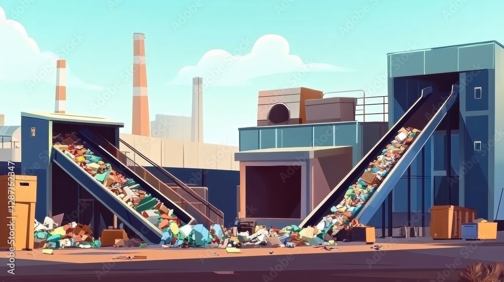 Poster conveyor belts sorting recyclable waste in a recycling facility with industrial setting. generative 